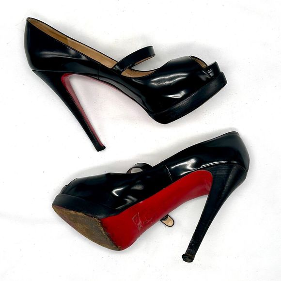 CHRISTIAN LOUBOUTIN Black Patent Leather Peep-Toe Mary Jane Platform Pum… - Picture 2 of 13